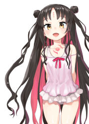 Rule 34 | 1girl, arms behind back, babydoll, bare shoulders, black hair, breasts, casual one-piece swimsuit, chest tattoo, double bun, dress swimsuit, facial mark, fate/grand order, fate (series), forehead mark, hair bun, henry bird 9, long hair, multicolored hair, one-piece swimsuit, open mouth, parted bangs, pink babydoll, pink hair, pink one-piece swimsuit, sessyoin kiara, sessyoin kiara (lily), small breasts, smile, solo, streaked hair, swimsuit, tattoo, thighs, very long hair, wavy hair, yellow eyes