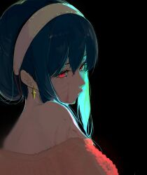 Rule 34 | 1girl, black background, black hair, blood, closed mouth, earrings, hairband, higemu, highres, jewelry, red eyes, red sweater, short hair with long locks, solo, spy x family, sweater, upper body, white hairband, yor briar