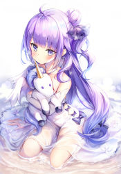 Rule 34 | 1girl, arm support, azur lane, bare shoulders, black bow, black ribbon, blush, bow, closed mouth, collarbone, commentary request, detached sleeves, dress, hair bun, hair ribbon, halterneck, long hair, long sleeves, looking at viewer, narae, hugging object, one side up, purple eyes, purple hair, ribbon, see-through, seiza, shallow water, side bun, single hair bun, single side bun, sitting, sleeves past wrists, solo, stuffed animal, stuffed toy, stuffed winged unicorn, unicorn (azur lane), very long hair, water, wet, wet clothes, wet dress, white dress, white sleeves