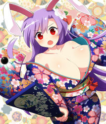Rule 34 | 1girl, animal ears, bad id, bad pixiv id, banned artist, bare shoulders, blush, breasts, cleavage, collarbone, floral print, hagoita, hane (hanetsuki), hanetsuki, holding, holding paddle, japanese clothes, kimono, kisaragi zwei, large breasts, light purple hair, long hair, looking at viewer, open mouth, paddle, print kimono, purple hair, rabbit ears, red eyes, reisen udongein inaba, sash, solo, touhou, very long hair