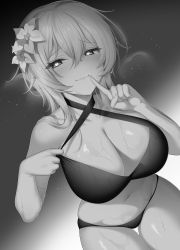 Rule 34 | 1girl, absurdres, blush, breasts, breath, cleavage, closed mouth, criss-cross halter, crossed bangs, flower, genshin impact, greyscale, hair between eyes, hair flower, hair ornament, halterneck, heart, heart-shaped pupils, highres, ia (ias1010), index finger raised, large breasts, looking at viewer, lumine (genshin impact), monochrome, panties, short hair with long locks, simple background, solo, symbol-shaped pupils, underwear, wet
