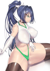 Rule 34 | 1girl, bare shoulders, blue hair, breasts, buruma, elbow gloves, gloves, green buruma, green eyes, gym uniform, hair intakes, hair ornament, hairclip, high ponytail, highleg, highleg buruma, impossible clothes, large breasts, long hair, looking to the side, nagase haruhito, green gym girl (nagase haruhito), original, ponytail, simple background, solo, spread legs, thighhighs, very long hair, white background, white gloves