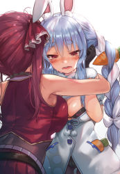 Rule 34 | 2girls, absurdres, animal ears, black gloves, blue hair, blush, breast press, breasts, carrot hair ornament, commentary request, food-themed hair ornament, from behind, gloves, hair ornament, hair ribbon, has bad revision, has downscaled revision, highres, hololive, houshou marine, hug, large breasts, long hair, looking down, md5 mismatch, medium breasts, multiple girls, open mouth, rabbit ears, rabbit girl, red eyes, red hair, resolution mismatch, revision, ribbon, sad, short hair, sideboob, simple background, source smaller, tears, thick eyebrows, torriet, twintails, usada pekora, usada pekora (1st costume), virtual youtuber, white background
