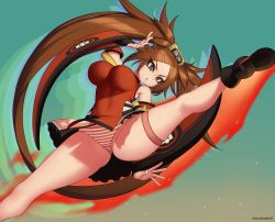 Rule 34 | 1girl, breasts, china dress, chinese clothes, dress, fighting stance, guilty gear, hair rings, impossible clothes, impossible dress, kung fu, kuradoberi jam, kuroonehalf, large breasts, martial arts, panties, solo, striped clothes, striped panties, underwear