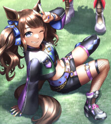 Rule 34 | 2girls, animal ears, argyle, argyle clothes, argyle shirt, arm up, asymmetrical legwear, belt, black skirt, black thighhighs, blue eyes, boots, bow, breasts, brown hair, commentary, crop top, cropped jacket, ear bow, ear ornament, fishnet thighhighs, fishnet top, fishnets, full body, gold ship (umamusume), grass, groin, horse ears, horse girl, horse tail, jacket, jewelry, long hair, long sleeves, looking at viewer, medium breasts, midriff, mismatched legwear, monoton (neoteto), multicolored nails, multiple girls, nail polish, navel, on grass, one eye closed, parted lips, purple belt, purple shirt, ribbon, ring, shadow, shirt, shoes, sidelocks, sitting, skindentation, skirt, smile, solo focus, tail, thigh strap, thighhighs, tosen jordan (umamusume), twintails, umamusume, v, white footwear