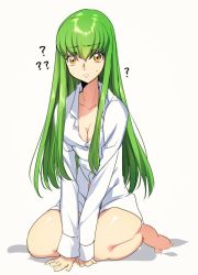 Rule 34 | 1girl, ?, breasts, c.c., cleavage, code geass, commentary request, creayus, green hair, long hair, looking at viewer, seiza, sitting, solo, sweatdrop, twitter username, yellow eyes