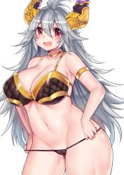 Rule 34 | 10s, 1girl, ahoge, bad proportions, bare shoulders, bikini, black bikini, breasts, cameltoe, cleavage, draph, fang, granblue fantasy, horns, large breasts, long hair, looking at viewer, navel, osiimi, osiimi, red eyes, silver hair, simple background, solo, sunlight, swimsuit, threo (granblue fantasy), thighs, very long hair, white background