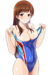 Rule 34 | 10s, 1girl, areola slip, bare shoulders, blue one-piece swimsuit, breasts, breath, brown eyes, brown hair, cleavage, clothes pull, competition swimsuit, covered navel, cowboy shot, highres, idolmaster, idolmaster cinderella girls, idolmaster cinderella girls starlight stage, looking at viewer, nitta minami, one-piece swimsuit, one-piece swimsuit pull, simple background, smile, solo, standing, swimsuit, umihal, wet, white background