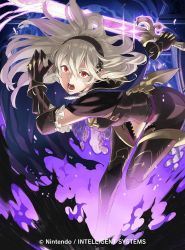 Rule 34 | 1girl, armor, black armor, cape, corrin (female) (fire emblem), corrin (fire emblem), fire emblem, fire emblem cipher, fire emblem fates, gauntlets, gloves, glowing, glowing weapon, hairband, highres, holding, holding weapon, kozaki yuusuke, long hair, looking at viewer, nintendo, official art, open mouth, red eyes, resized, solo, sword, thighs, torn cape, torn clothes, upscaled, weapon, white hair, yato (fire emblem)