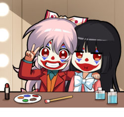 Rule 34 | 2girls, :i, batman (series), black hair, blazer, blunt bangs, bow, bowtie, chibi, chinese commentary, clown, commentary request, cosmetics, dc comics, facepaint, fujiwara no mokou, grin, hair between eyes, hair bow, hand on another&#039;s shoulder, hand up, houraisan kaguya, indoors, jacket, jokanhiyou, joker (2019), lipstick tube, long hair, long sleeves, looking at viewer, lowres, multiple girls, open clothes, open jacket, orange vest, paintbrush, palette (object), pink hair, pink shirt, red eyes, red jacket, shirt, smile, touhou, upper body, v, vest, white bow, white neckwear