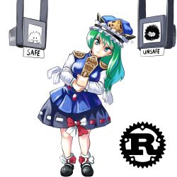 Rule 34 | 1girl, black footwear, blue eyes, blue vest, bow, closed mouth, crab, ferris (rust), frilled hat, frills, full body, gold trim, green hair, hat, highres, holding, leaning to the side, long hair, long sleeves, looking at viewer, monitor, multicolored bow, multiple bows, profitshame, programming (topic), red ribbon, ribbon, ribbon trim, rod of remorse, rust (programming language), shiki eiki, short socks, simple background, skirt, socks, touhou, vest, white background, white bow, white ribbon, white socks