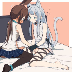 Rule 34 | 2girls, amiya (arknights), animal ear fluff, animal ears, arknights, barefoot, black choker, black gloves, black pantyhose, blue eyes, blue skirt, brown hair, cat ears, cat girl, cat tail, choker, closed mouth, coldcat., fingering, gloves, green eyes, highres, long hair, multiple girls, open mouth, pantyhose, plaid, plaid skirt, ponytail, rabbit ears, rabbit girl, red background, rosmontis (arknights), shirt, simple background, single glove, sitting, skirt, sleeveless, sleeveless shirt, sweat, tail, toes, white shirt, yuri