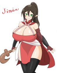 Rule 34 | 1girl, absurdres, breasts, brown hair, cleavage, curvy, elf, green eyes, highres, huge breasts, long hair, original, pointy ears, ponytail, smile, witch, staff, thick thighs, thighs