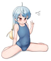 Rule 34 | 1girl, absurdres, ahoge, blonde hair, blue hair, blue one-piece swimsuit, flat chest, gradient hair, highres, kantai collection, long hair, low-tied long hair, maru (marg0613), multicolored hair, one-hour drawing challenge, one-piece swimsuit, red eyes, sado (kancolle), school swimsuit, simple background, sitting, solo, swimsuit, v, wariza, white background