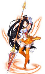 Rule 34 | 1girl, absurdres, ara haan, armpits, black hair, detached sleeves, elsword, eyeshadow, full body, highres, holding, holding polearm, holding spear, holding weapon, little xia (elsword), long hair, looking at viewer, makeup, official art, orange skirt, orange thighhighs, polearm, sando (dukedevil), skirt, smile, solo, spear, tassel, thighhighs, transparent background, weapon, yellow eyes, zettai ryouiki