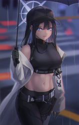 Rule 34 | 1girl, absurdres, bare shoulders, baseball cap, belt, black belt, black hair, black hat, black pants, black shirt, blue archive, blue eyes, breasts, coat, cowboy shot, geomiddang, hat, highres, holding, holding umbrella, large breasts, long hair, looking at viewer, off shoulder, open clothes, open coat, pants, saori (blue archive), shirt, sleeveless, sleeveless shirt, solo, standing, umbrella, white coat