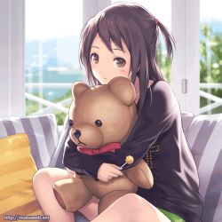 Rule 34 | 1girl, :d, ^ ^, animated, animated gif, bare legs, blinking, blush, brown hair, candy, closed eyes, hugging doll, closed eyes, food, ilog, kuki hitomi, light smile, lollipop, long hair, looking at viewer, mana kakkowarai, hugging object, official art, open mouth, side ponytail, sitting, smile, solo, stuffed animal, stuffed toy, sweater, talking, teddy bear, watermark, web address, yellow eyes