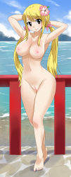 Rule 34 | 1girl, armpits, arms behind head, arms up, blonde hair, blush, breasts, brown eyes, fairy tail, full body, highres, large breasts, long hair, looking at viewer, lucy heartfilia, nail polish, navel, nipples, nude, pussy, smile, solo, standing, twintails, uncensored