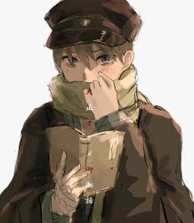 Rule 34 | 1boy, absurdres, black hat, blush, book, brown hair, brown scarf, coat, covered mouth, hand up, hat, highres, holding, holding book, kumagai yuka, long sleeves, looking at viewer, male focus, scarf, shima tamahiko, sketch, solo, taishou otome otogibanashi, uniform, upper body, white background