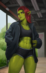 Rule 34 | 1girl, abs, artist logo, artist name, black shorts, black sports bra, colored skin, ethrk, female orc, green skin, hand in pocket, indoors, jacket, long hair, looking at viewer, midriff, muscular, muscular female, navel, open clothes, open jacket, orc, original, pointy ears, red hair, short shorts, shorts, solo, sports bra, tusks, watermark, yellow eyes