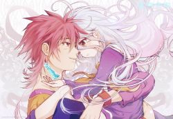 Rule 34 | 10s, 1boy, 1girl, brother and sister, chess piece, hetero, hug, kaze-hime, king (chess), no game no life, one eye closed, red hair, shiro (no game no life), siblings, silver hair, smile, sora (no game no life), thighhighs, wristband, yellow eyes