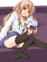 Rule 34 | 1girl, aisaka taiga, bad id, bad pixiv id, black socks, black thighhighs, blouse, breasts, brown hair, closed mouth, duplicate, feet, flat chest, kanda aya, kneehighs, long hair, nipples, no bra, no shoes, open clothes, open shirt, shirt, skirt, small breasts, socks, solo, thighhighs, toradora!, uniform