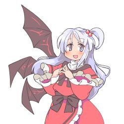 Rule 34 | 1girl, bow, dress, frilled sleeves, frills, hair between eyes, hair bobbles, hair ornament, ini (inunabe00), light purple hair, long hair, multiple wings, own hands together, purple eyes, shawl, shinki (touhou), side ponytail, smile, solo, steepled fingers, touhou, touhou (pc-98), wide sleeves, wings