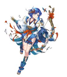 Rule 34 | 1girl, arrow (projectile), bare shoulders, blue eyes, blue hair, bow, bow (weapon), bowtie, catria (fire emblem), chachie, circle, clenched teeth, collarbone, detached sleeves, female focus, fire emblem, fire emblem: mystery of the emblem, fire emblem heroes, full body, hair ornament, highres, holding, holding arrow, holding bow (weapon), holding weapon, japanese clothes, leg up, matching hair/eyes, nintendo, non-web source, obi, official art, parted lips, sandals, sash, short hair, solo, sweat, sweatdrop, teeth, thighs, toeless legwear, toes, torn clothes, torn sleeves, transparent background, weapon, wide sleeves