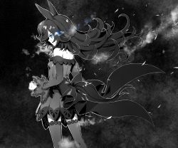 Rule 34 | 1girl, animal ears, bare shoulders, blue eyes, blue fire, clenched hand, dress, fire, flaming eye, floating hair, from behind, greyscale, hat, highres, horse ears, horse girl, horse tail, long hair, monochrome, nanaheibei 3, off-shoulder dress, off shoulder, parted lips, rice shower (umamusume), sideways mouth, solo, spot color, standing, sweat, tail, thighhighs, umamusume