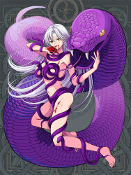 Rule 34 | 1girl, animal, barefoot, blood, blood on face, blood on hands, blood on leg, breasts, commission, dairoku ryouhei, full body, giant snake, grey background, licking blood, long hair, medium breasts, navel, open mouth, oversized animal, snake, solo, very long hair, white hair, yellow eyes, yoshiki1020