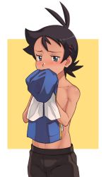 Rule 34 | 1boy, antenna hair, ash ketchum, black hair, blue eyes, blush, brown pants, collarbone, commentary request, creatures (company), eyelashes, game freak, goh (pokemon), hair ornament, hairclip, highres, holding, holding clothes, holding jacket, jacket, male focus, nintendo, pants, pokemon, pokemon (anime), pokemon journeys, short hair, smelling, solo, sweat, tama! (lazyturtle), topless male