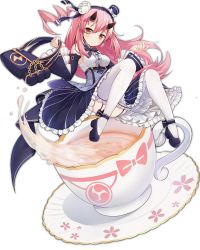 Rule 34 | 1girl, ahoge, alternate costume, ankle ribbon, azur lane, bag, bare shoulders, belt, belt buckle, black belt, blouse, blush, bow, breasts, buckle, center frills, chain, cherry blossoms, closed mouth, cup, detached sleeves, dot nose, eyelashes, facing away, flower, frilled skirt, frills, full body, garter straps, gold chain, gold trim, hair between eyes, hairband, handbag, hat, hat bow, holding, horns, huge ahoge, ikazuchi (azur lane), ikazuchi (sakura tea) (azur lane), leg ribbon, legs apart, long hair, long sleeves, looking away, looking to the side, medium breasts, mini hat, mini person, mini top hat, minigirl, official art, oni horns, ootsuki momiji, orange eyes, palms, pink hair, plate, platform footwear, purple footwear, purple hairband, purple hat, purple ribbon, purple skirt, ribbon, shirt, sidelocks, skirt, sleeveless, sleeveless shirt, solo, straight hair, striped ribbon, taut clothes, taut shirt, tea, teacup, thighhighs, tomoe (symbol), top hat, transparent background, tsurime, underbust, white bow, white shirt, white thighhighs, wide sleeves, zettai ryouiki