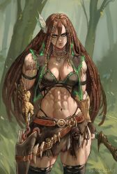 Rule 34 | 1girl, abs, arrow (projectile), bone, bow (weapon), breasts, brown hair, cleavage, facial mark, feather hair ornament, feathers, forest, green eyes, hair ornament, highres, jewelry, long hair, looking at viewer, medium breasts, muscular, muscular female, nature, necklace, original, quiver, ranger, robusta mania, single bracer, skirt, solo, thick thighs, thighhighs, thighs, torn clothes, torn thighhighs, veins, veiny arms, vest, weapon, whisker markings