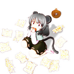 Rule 34 | 1girl, animal ears, bad id, bad pixiv id, basket, bita, burger, eating, female focus, food, full body, grey hair, mouse (animal), mouse ears, mouse tail, nazrin, red eyes, short hair, sitting, socks, solo, tail, touhou, white background