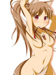 Rule 34 | 1girl, animal ears, armpits, arms up, blush, brown hair, censored, convenient censoring, hair over breasts, holo, mirano, nude, pouch, red eyes, ribbon, solo, spice and wolf, tail, wolf ears, wolf tail