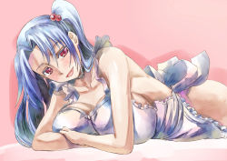 Rule 34 | 1girl, apron, bare shoulders, breasts, hair bobbles, hair intakes, hair ornament, huge breasts, looking at viewer, lying, naked apron, naked towel, on stomach, open mouth, pink eyes, shinki (touhou), side ponytail, silver hair, solo, touhou, touhou (pc-98), towel, yohane