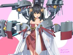 Rule 34 | 1girl, aged up, animal ear fluff, animal ears, azur lane, bare shoulders, black hair, brown eyes, cannon, choker, clothes lift, commentary request, detached sleeves, dress, dress lift, fox ears, hair ornament, highres, lifted by self, long hair, nagato (azur lane), open mouth, red dress, rigging, short dress, solo, strapless, strapless dress, sugita ranpaku, thighs, turret, weapon, white sleeves