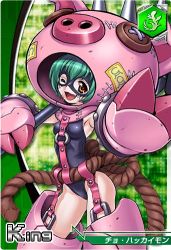 Rule 34 | 1girl, aqua hair, arm strap, armor, bodysuit, breasts, button eyes, buttons, card game, cho-hakkaimon, competition swimsuit, cosplay, digimon, digimon crusader, facial mark, fangs, female focus, gauntlets, green hair, leotard, lowres, mallet, mask, official art, one-piece swimsuit, one eye closed, open mouth, orange eyes, pig girl, rope, short hair, small breasts, smile, solo, stitches, swimsuit, weapon, wink, yellow eyes