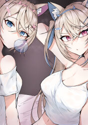 Rule 34 | 2girls, animal ear fluff, animal ears, arm behind head, blonde hair, blue eyes, blue hair, breasts, chewing gum, cleavage, cropped shirt, dog ears, dog girl, fuwawa abyssgard, hair ornament, hairpin, highres, hololive, hololive english, large breasts, looking at viewer, medium hair, midriff, mococo abyssgard, multicolored hair, multiple girls, pink eyes, pink hair, sak1 01, shirt, siblings, sisters, small breasts, streaked hair, twins, virtual youtuber, white shirt, x hair ornament