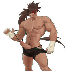 Rule 34 | 1boy, abs, bandaged hand, bandages, bara, boxers, brown hair, bulge, dark-skinned male, dark skin, erection, feet out of frame, frde, grin, guilty gear, headband, highres, large pectorals, long hair, male focus, male pubic hair, male underwear, male underwear pull, muscular, muscular male, navel, navel hair, nipples, pectorals, penis, precum, pubic hair, pulled by self, sidelocks, smile, sol badguy, solo, stomach, suspenders, thick thighs, thighs, uncensored, underwear, underwear only, undressing, white background