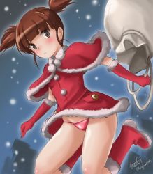 Rule 34 | 10s, 1girl, artist name, bad id, bad twitter id, bag, blunt bangs, blush, boots, brown eyes, brown hair, capelet, christmas, dress, elbow gloves, girls und panzer, gloves, haruhata mutsuki, jumping, looking at viewer, matching hair/eyes, mikko (girls und panzer), oversized object, panties, pantyshot, parted lips, red dress, red footwear, red gloves, red panties, santa costume, short dress, short hair, short twintails, signature, sketch, snow, solo, string panties, twintails, twitter username, underwear