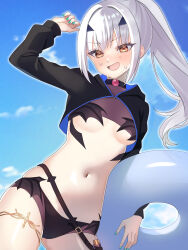 Rule 34 | 1girl, absurdres, aqua nails, bikini, black bikini, blue sky, breasts, brown eyes, cloud, commentary request, cropped jacket, day, fate/grand order, fate (series), fingernails, highres, holding, holding swim ring, innertube, jacket, katashiro, long hair, looking at viewer, melusine (fate), melusine (swimsuit ruler) (fate), melusine (swimsuit ruler) (first ascension) (fate), midriff, navel, open mouth, outdoors, ponytail, sky, small breasts, smile, solo, stomach, sweat, swim ring, swimsuit, white hair