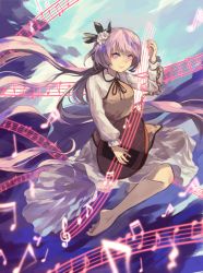Rule 34 | 1girl, barefoot, beamed quavers, berabou, biwa lute, crotchet rest, dress, flower, full body, hair flower, hair ornament, highres, instrument, long hair, long sleeves, looking at viewer, lute (instrument), music, musical note, playing instrument, purple eyes, purple hair, quaver, quaver rest, sharp sign, solo, staff (music), touhou, treble clef, tsukumo benben, very long hair, white dress