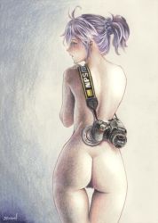 Rule 34 | 1girl, ass, blue eyes, blue hair, braid, camera, colored pencil (medium), completely nude, cowboy shot, from behind, highres, nude, pussy, single-lens reflex camera, solo, strap, tesun (g noh), traditional media