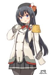 Rule 34 | 1girl, akatsuki (kancolle), artist name, beret, black hair, black hat, black pantyhose, blue eyes, collared shirt, cosplay, cowboy shot, dated, epaulettes, flat chest, frilled sleeves, frills, gloves, grey skirt, hair between eyes, hat, highres, jacket, kantai collection, kashima (kancolle), kashima (kancolle) (cosplay), long hair, long sleeves, messy hair, military, military jacket, military uniform, miniskirt, neckerchief, one-hour drawing challenge, one eye closed, one side up, owa (ishtail), pantyhose, pleated skirt, purple eyes, purple hair, red neckerchief, shirt, skirt, solo, standing, uniform, white gloves, white jacket