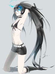 Rule 34 | 10s, 1girl, armpits, bad id, bad pixiv id, belt, bikini, bikini top only, black bikini, black footwear, black hair, black rock shooter, black rock shooter (character), black shorts, blue eyes, boots, breasts, collar, colored skin, flaming eyes, front-tie bikini top, front-tie top, grey background, groin, highres, holding, holding sword, holding weapon, knee boots, kneeling, long hair, purple eyes, saihate (saihate d3), shorts, signature, simple background, small breasts, solo, swimsuit, sword, twintails, underboob, very long hair, weapon, white skin