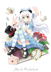 Rule 34 | 1girl, ahoge, alice (alice in wonderland), alice in wonderland, animal, animal ears, apron, black footwear, black hat, blue bow, blue dress, blush, book, bow, closed mouth, commentary, convenient leg, dress, flower, gloves, green eyes, hair bow, hands up, hat, ikazu401, interlocked fingers, long hair, mushroom, original, pocket watch, puffy short sleeves, puffy sleeves, rabbit, roman numeral, saucer, shoes, short sleeves, sidelocks, silver hair, sitting, smile, solo, spoon, striped clothes, striped thighhighs, sugar cube, teapot, thighhighs, top hat, two side up, very long hair, watch, white apron, white flower, white gloves