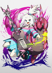 Rule 34 | 1girl, bass guitar, bike shorts, boots, commentary request, creatures (company), dress, eyelashes, game freak, gen 5 pokemon, gym leader, hair bobbles, hair ornament, highres, holding, holding plectrum, instrument, long sleeves, looking to the side, medium hair, nintendo, open mouth, plectrum, pokemon, pokemon (creature), pokemon bw2, roxie (pokemon), scolipede, short dress, smile, striped clothes, striped dress, teeth, tongue, topknot, white hair, yamanashi taiki