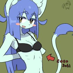 Rule 34 | 1girl, anibel (shinde yomigaetta amboyna), animal ears, blue hair, blush stickers, bra, brown eyes, cat, fang, female focus, furry, furry female, light smile, long hair, looking at viewer, open mouth, shinde yomigaetta amboyna, simple background, solo, tail, the amboina, underwear