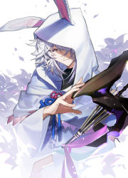 Rule 34 | 1boy, animal ears, animal hood, cloak, commentary request, fate/grand order, fate (series), floral background, flower, hair over one eye, holding, holding staff, hood, hood up, hooded cloak, hooded robe, itefu, long sleeves, looking at viewer, male focus, merlin (fate), one eye covered, purple eyes, rabbit ears, rabbit hood, robe, short hair, simple background, smile, solo, staff, tagme, upper body, white background, white cloak, white flower, white hair